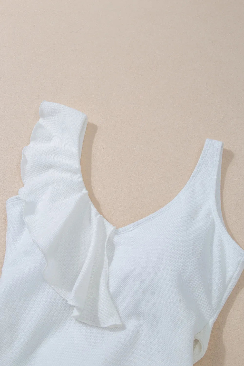 White Asymmetric Ruffle Trim Tie Waist One Piece Swimsuit - Chic Meadow Boutique 