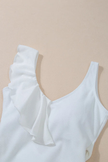 White Asymmetric Ruffle Trim Tie Waist One Piece Swimsuit - Chic Meadow Boutique 