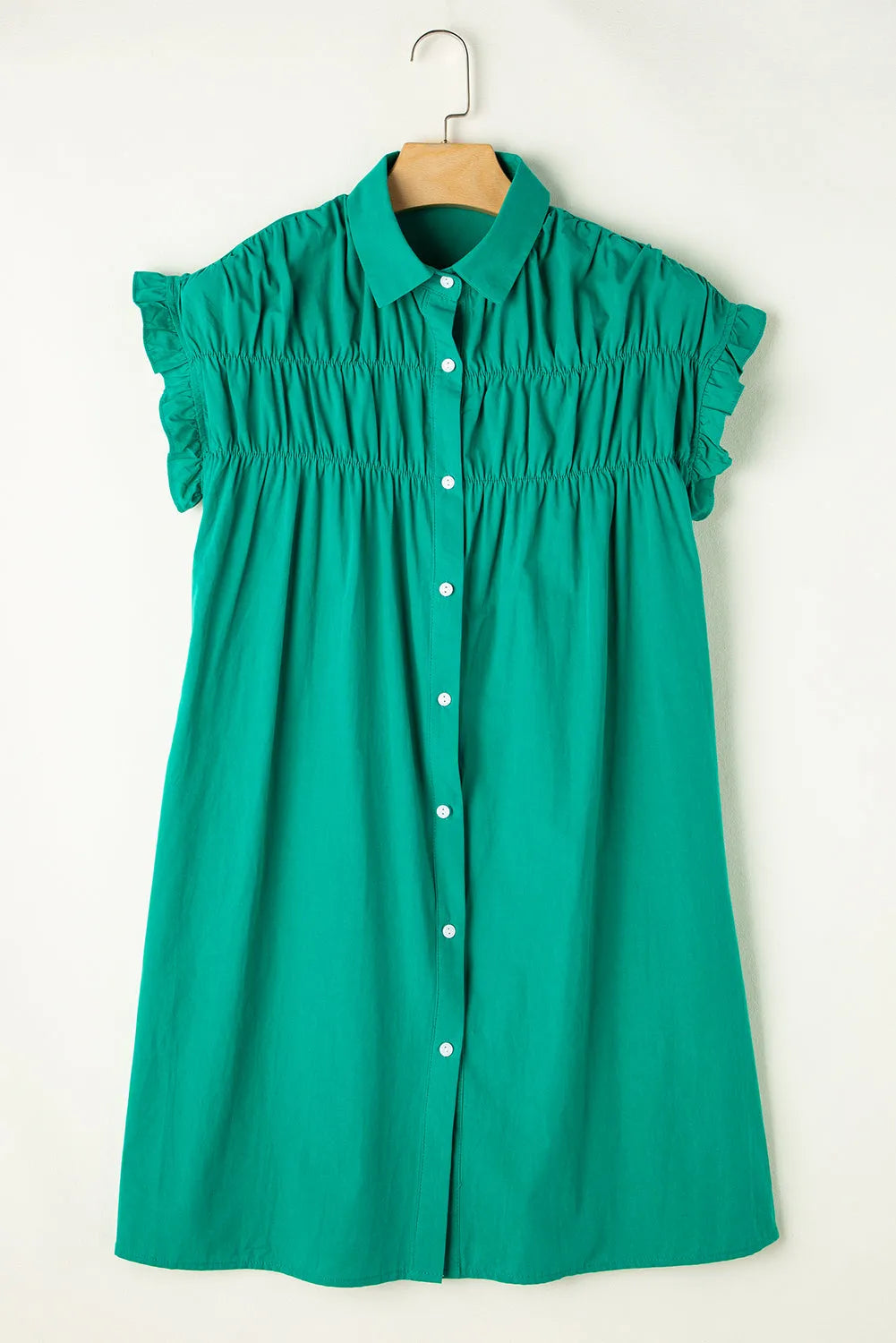 Bright Green Shirred Ruffle Sleeve Button Up Short Dress - Chic Meadow Boutique 