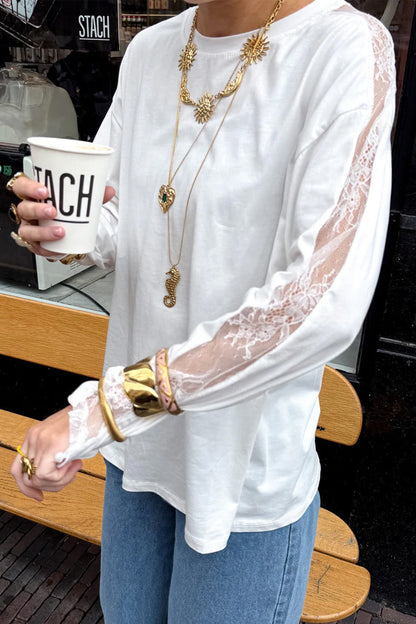 White Lace Patchwork Round Neck Casual Long Sleeve Top