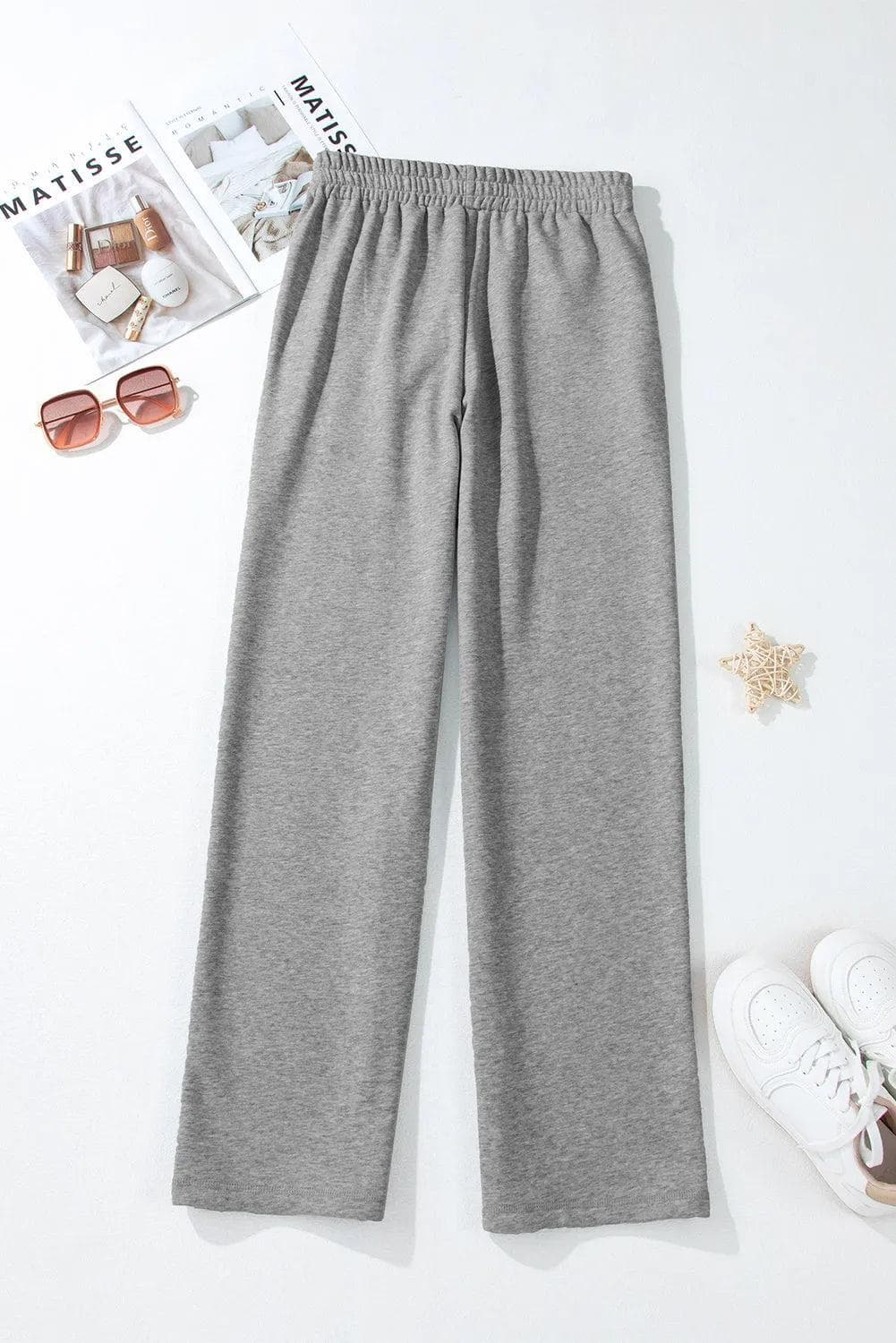 Bottoms/Pants & Culotte Light Grey Solid Color Fleece Lined Drawstring Waist Casual Pants