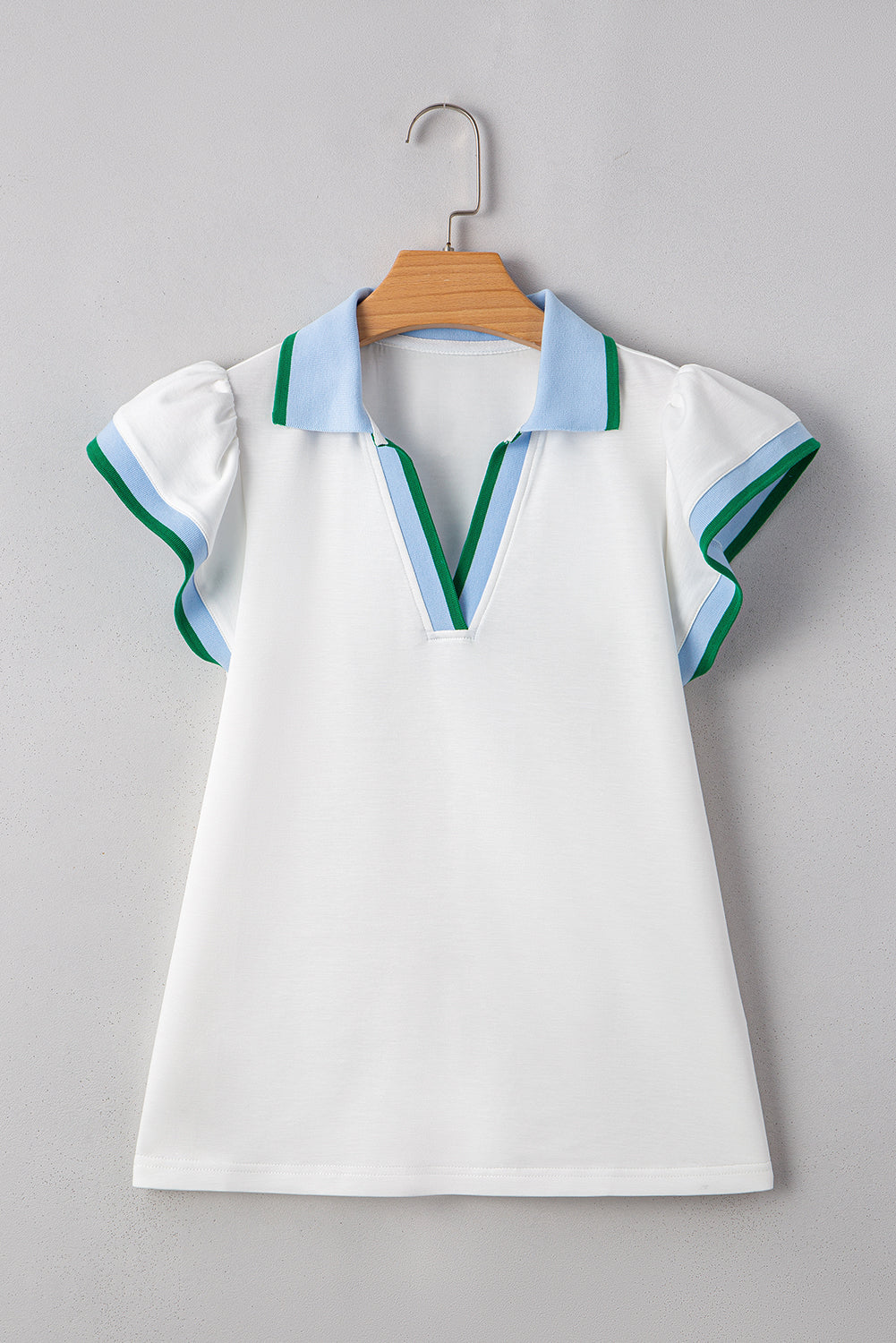 White Color Contrast Ruffled Sleeve Collared V Neck Blouse