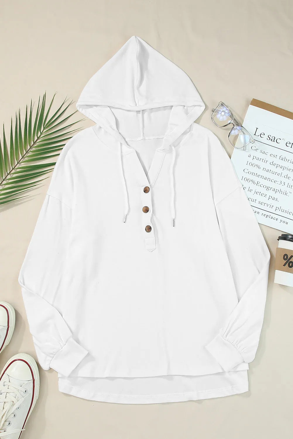 White Buttoned High and Low Hem Hoodie - Chic Meadow Boutique 