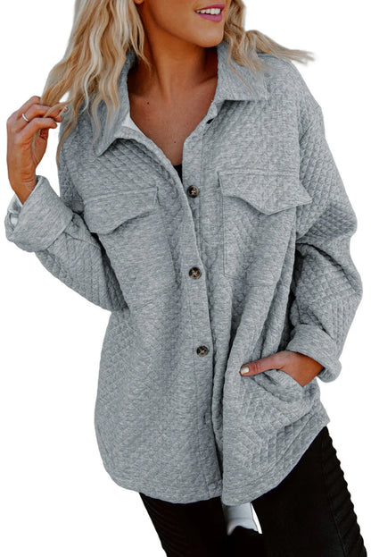 Gray Retro Quilted Flap Pocket Button Shacket - Chic Meadow Boutique 