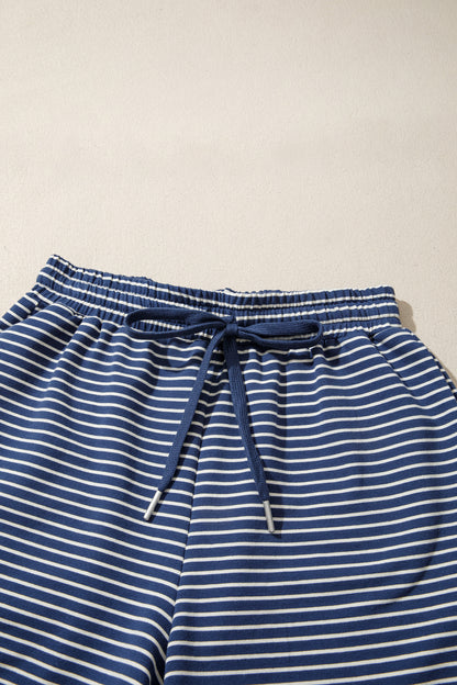 Blue Stripe Ribbed Patchwork Mock Neck Baggy Pullover Matching Shorts Set