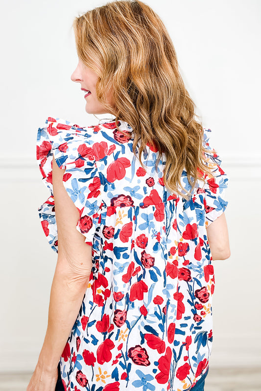 Red Flowers Pintuck Detail V-Neck Ruffled Sleeve Top