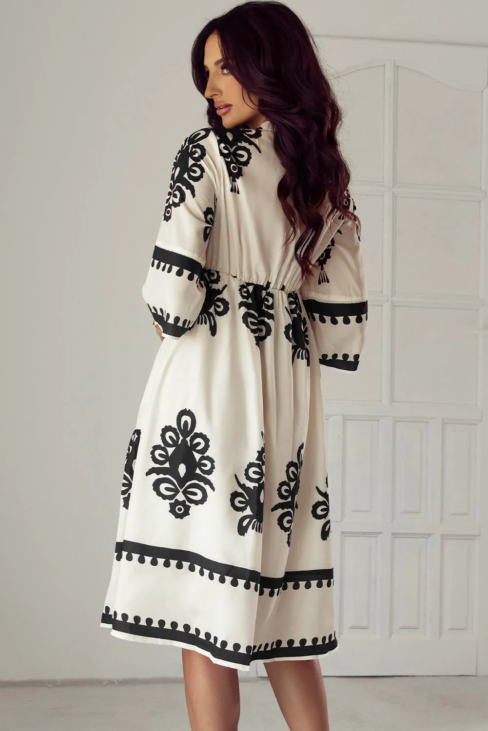 Beige Western Geometric Print 3/4 Sleeve Loose Midi Dress - Chic Meadow Boutique 