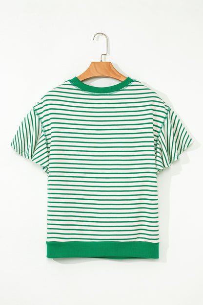 Bright Green Contrast Detail Striped Ruffle Short Sleeve Top