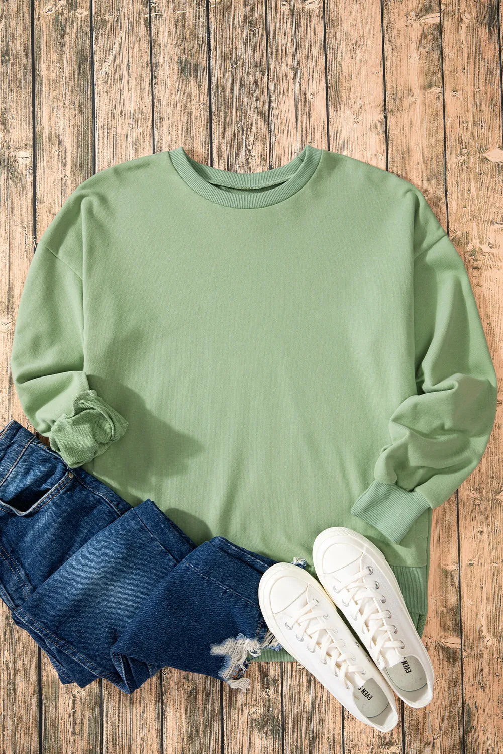 Smoke Green Solid O Neck High Low Hem Pullover Sweatshirt - Chic Meadow Boutique 