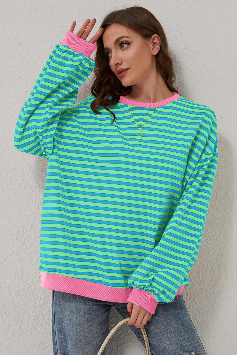 Sky Blue Stripe Oversized Contrast Trim Pullover Sweatshirt - Chic Meadow Boutique 