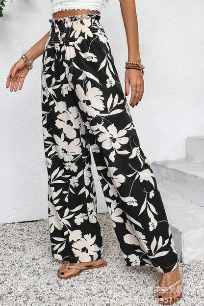 Black Floral Print Smocked High Waist Wide Leg Pants