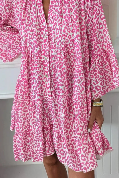 Bright Pink Leopard Printed Long Sleeve Buttoned Front Mini Dress - Chic Meadow Boutique 