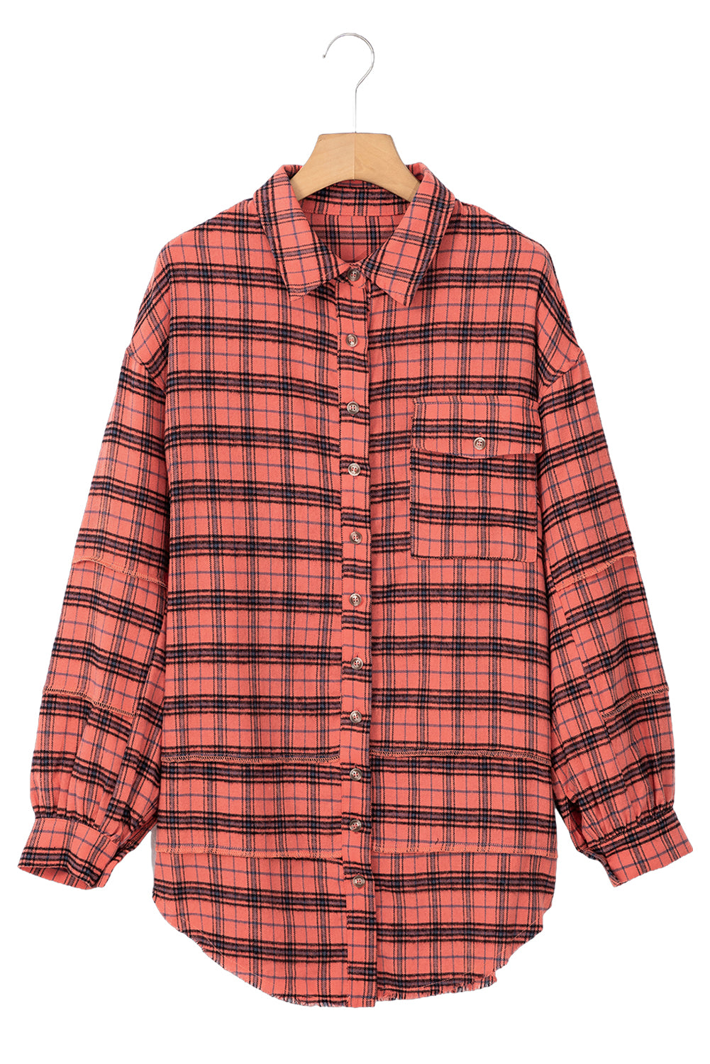 Red Plaid Long Sleeeve Side Split Distressed Hem Shirt