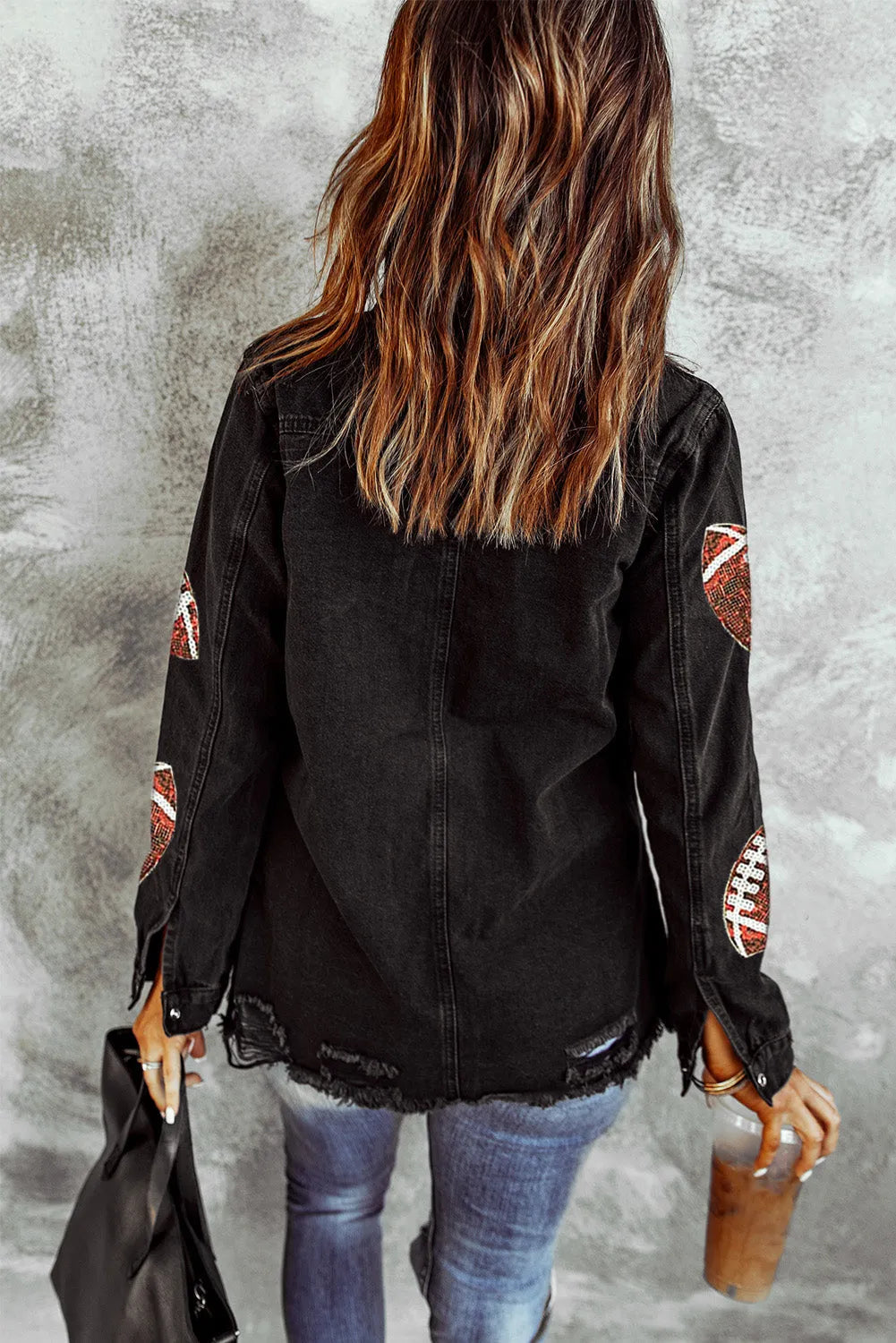 Black Sequined Rugby Graphic Frayed Denim Shacket - Chic Meadow Boutique 