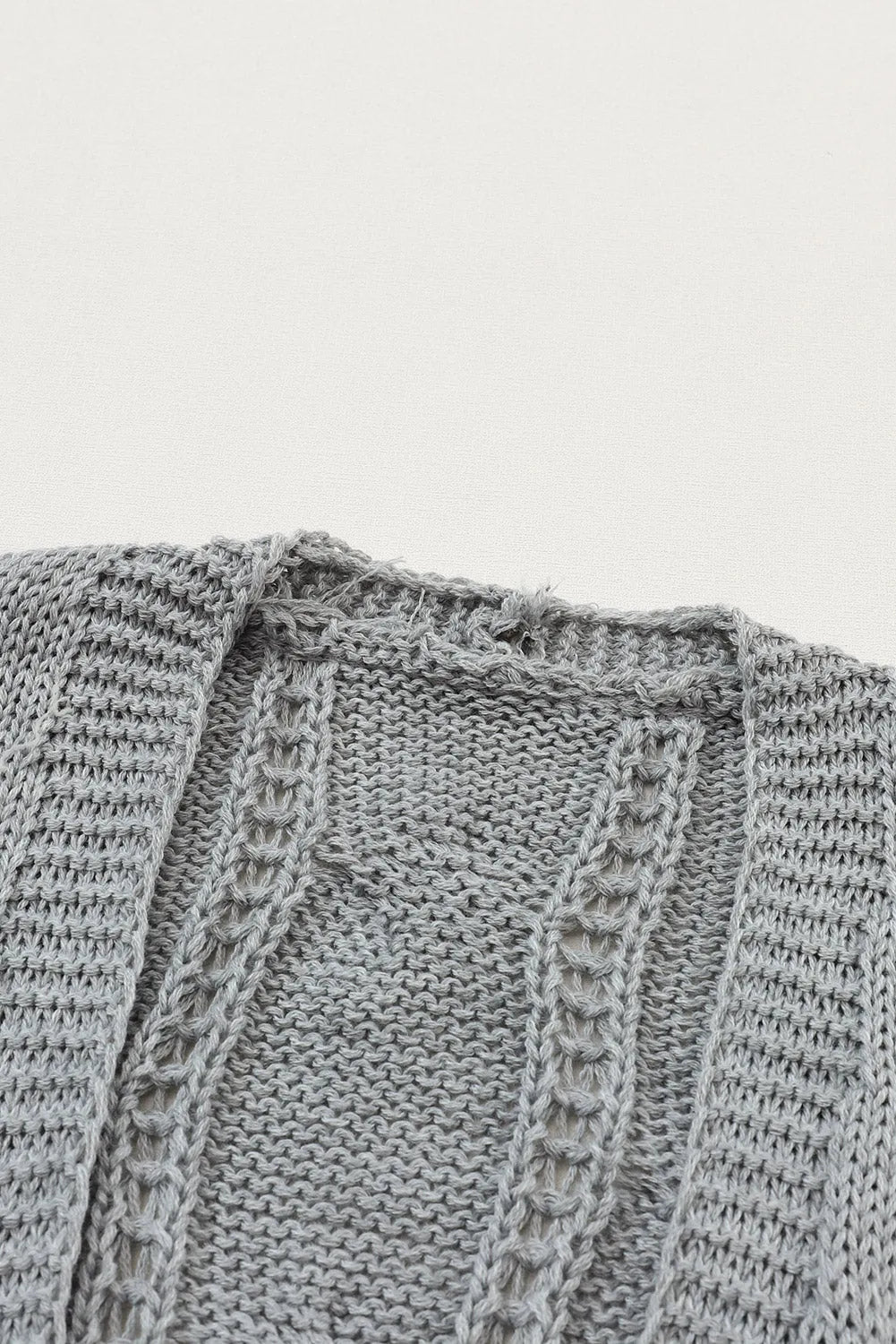 Gray Ribbed Trim Eyelet Cable Knit Cardigan - Chic Meadow Boutique 