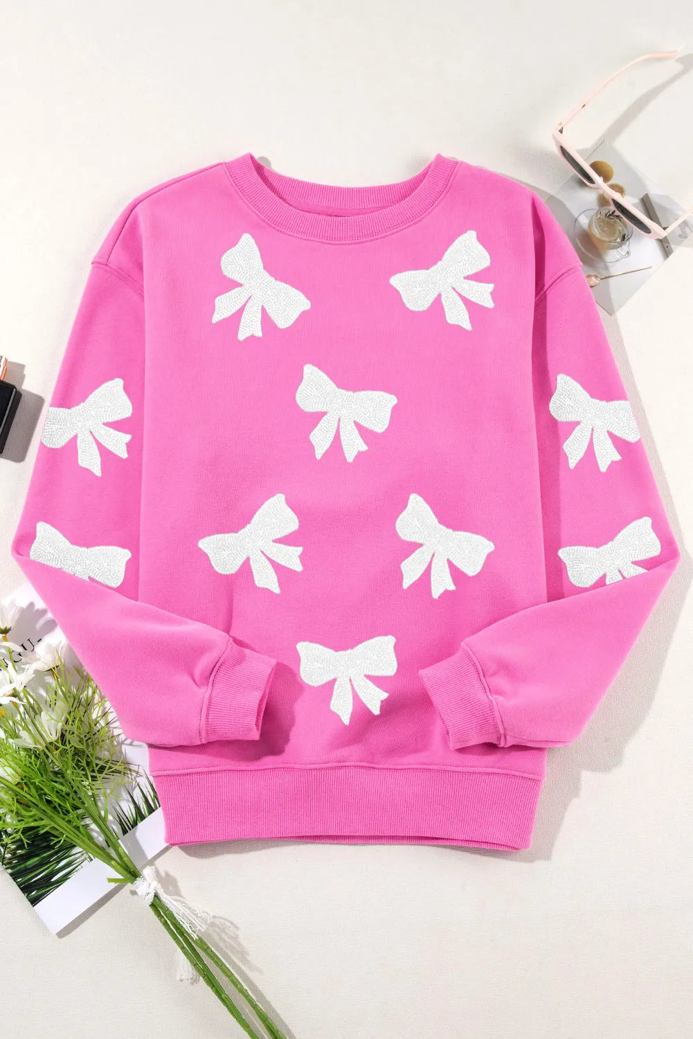 Bonbon Sequin Bowknot Graphic Drop Shoulder Pullover Sweatshirt - Chic Meadow Boutique 