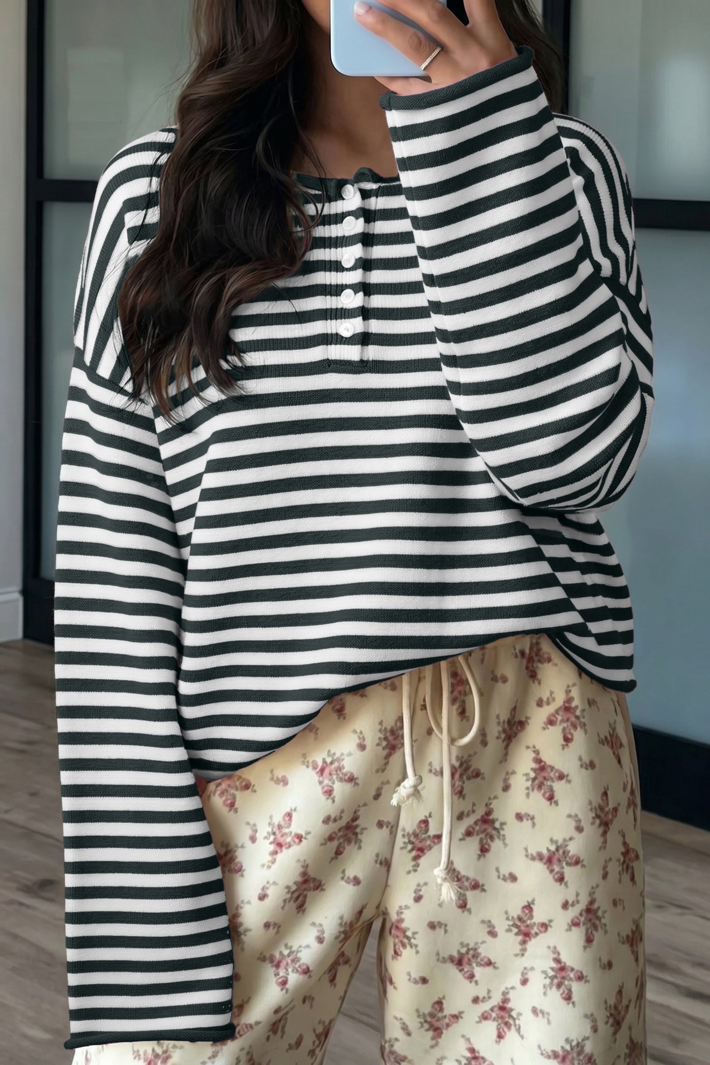 Green Stripe Striped Button Placket Drop Shoulder Long Sleeve Sweater