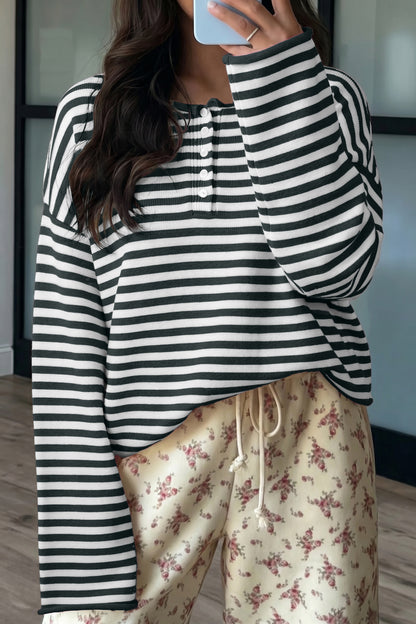 Green Stripe Striped Button Placket Drop Shoulder Long Sleeve Sweater