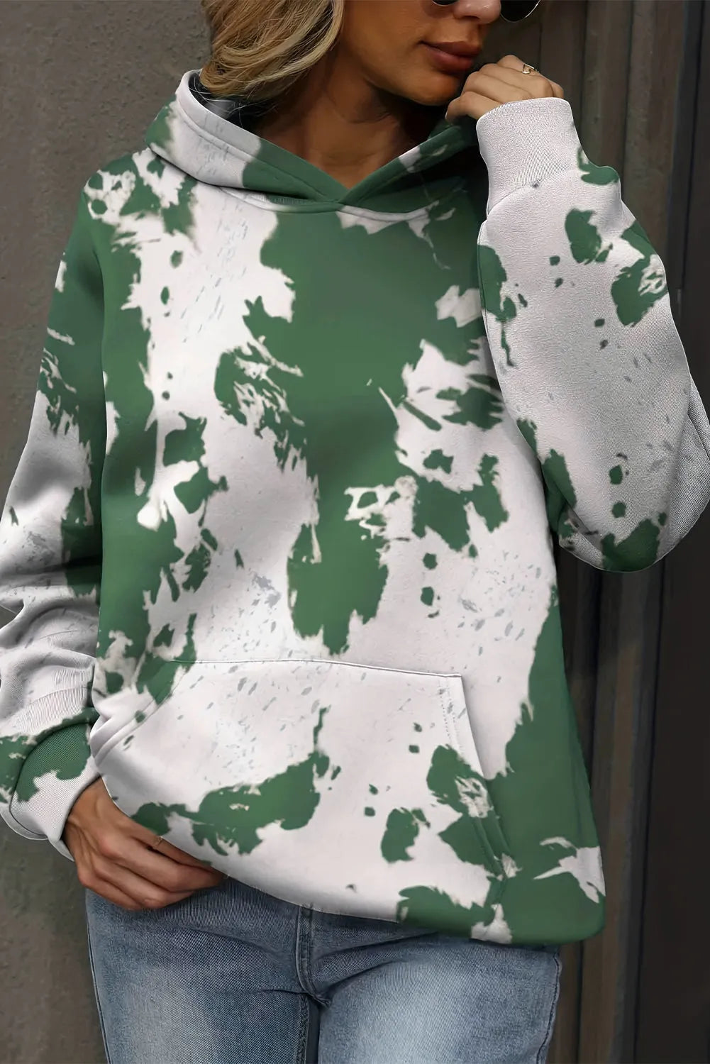 Green Tie Dye Print Kangaroo Pocket Loose Hoodie - Chic Meadow Boutique 