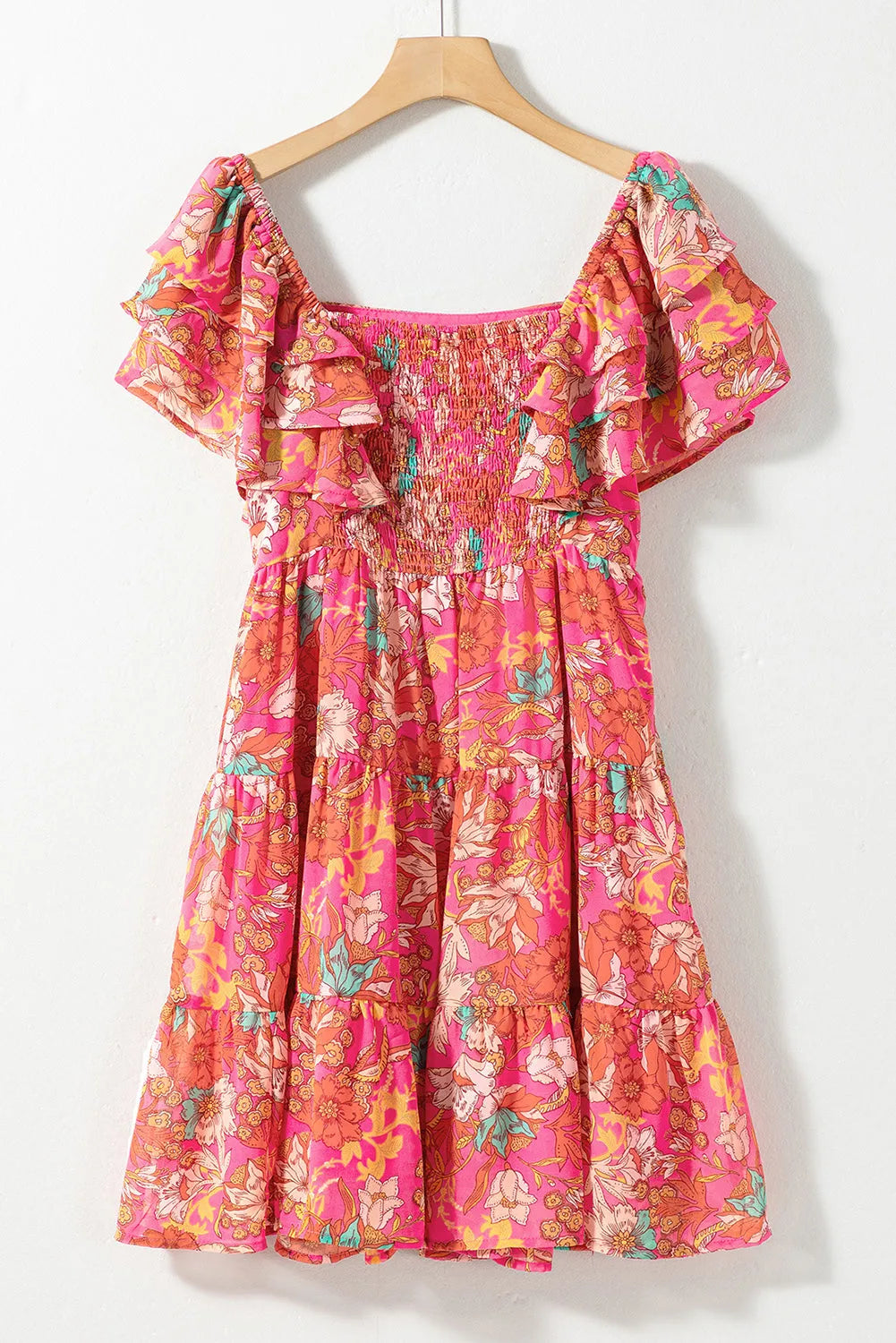 Pink Floral Square Neck Ruffle Sleeve Tiered Dress - Chic Meadow Boutique 