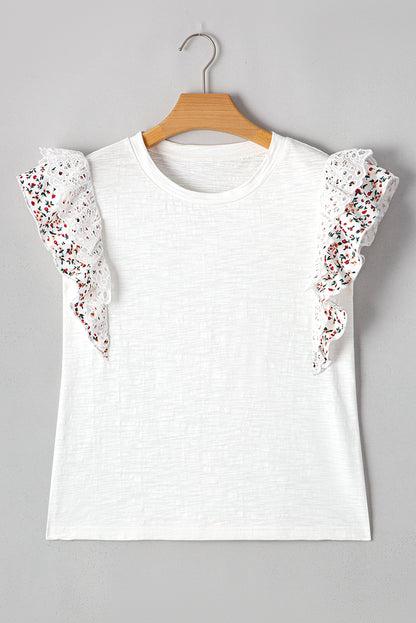White Floral Lace Eyelet Patched Butterfly Sleeve Blouse