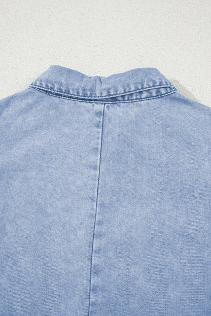 Beau Blue Double Ruffled Sleeves Buttoned A-line Collared Mini Denim Dress