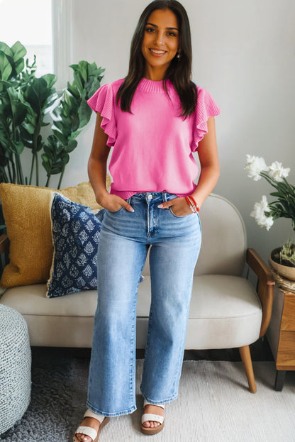 Sachet Pink Solid Color Ribbed Trim Round Neck Ruffle Short Sleeve Sweater