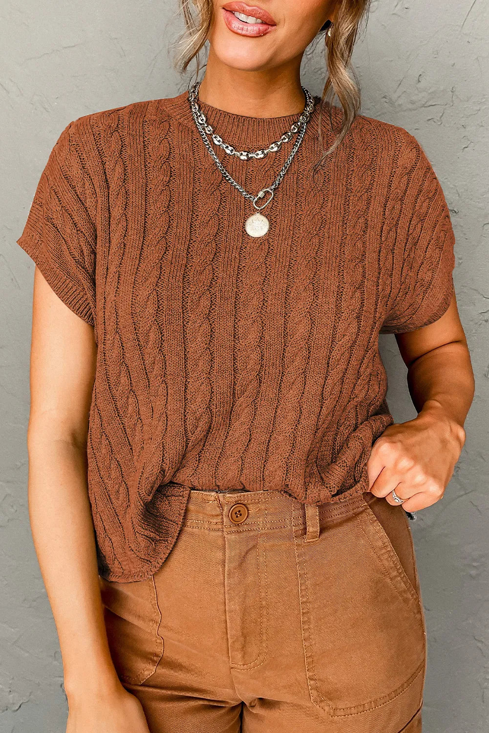 Chestnut Crew Neck Cable Knit Short Sleeve Sweater - Chic Meadow Boutique 