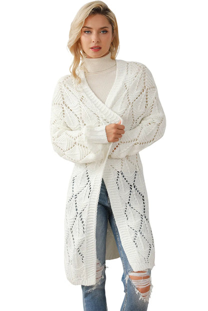 White Rhombus Hollowed Knit Open Front Cardigan - Chic Meadow Boutique 