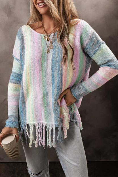 Purple Color Block Fringed Drop Shoulder Tunic Sweater - Chic Meadow Boutique 