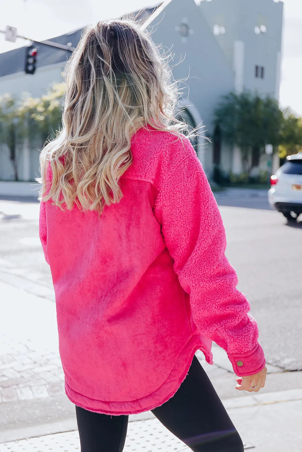 Bright Pink Faux Suede Sherpa Patchwork Button-up Shacket - Chic Meadow Boutique 