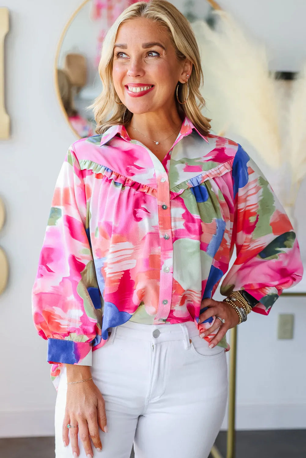 Multicolour Abstract Printed Lantern Sleeve Frilled Button Front Collared Shirt - Chic Meadow Boutique 