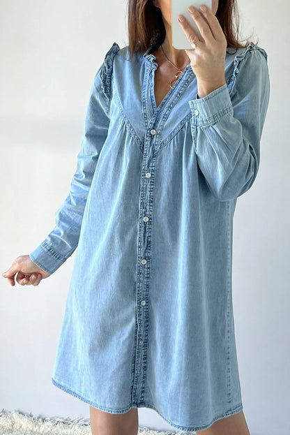 Myosotis Ruffled V Neck Buttoned Shift Denim Dress - Chic Meadow Boutique 