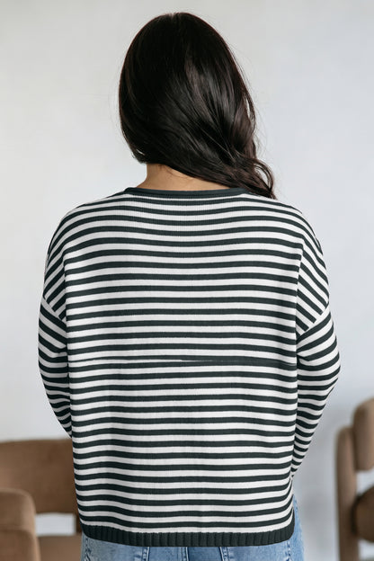 Green Stripe Striped Button Placket Drop Shoulder Long Sleeve Sweater
