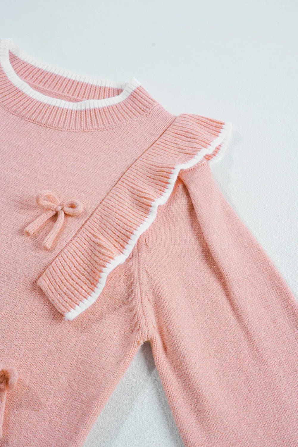 Sweaters & Cardigans/Sweaters Light Pink Ruffled Bowknot Ribbed Trim Long Sleeve Sweater