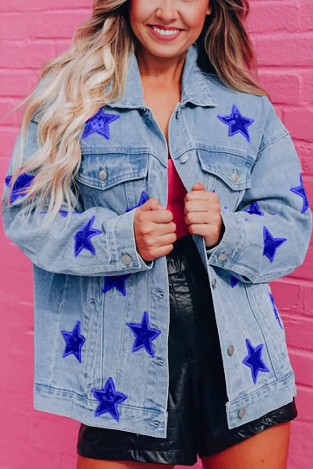 Bluing Sequin Star Flap Pocket Denim Jacket - Chic Meadow Boutique 