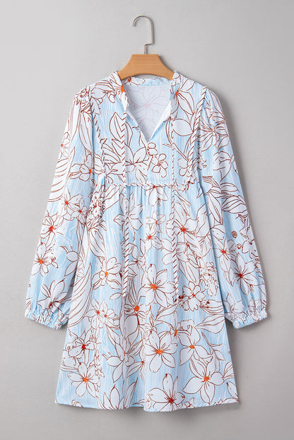 Brown Floral Print Tie Neck 3/4 Sleeve Mini Dress