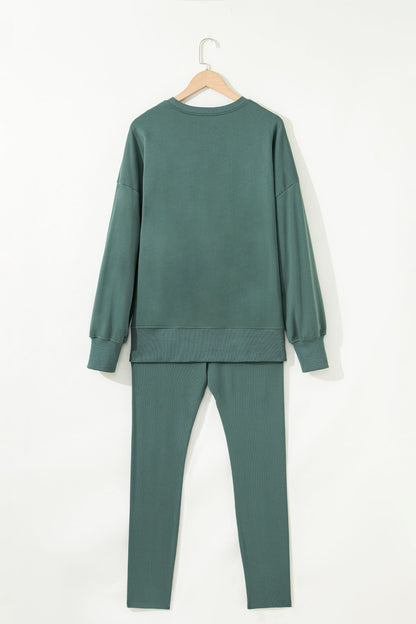 Green Bay Solid Color Oversize Slit Sweatshirt Ribbed Leggings 2pcs Set