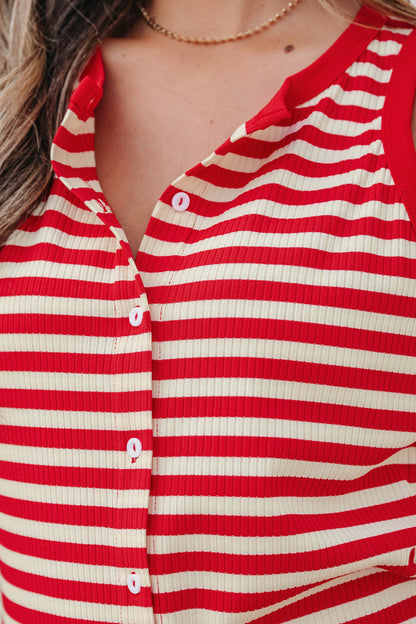 Red Stripe Buttoned Ribbed Knit Tank Top