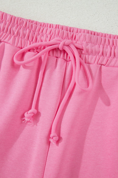 Sachet Pink Lace Patchwork Half Sleeve Top Elastic Waist Pants Two Piece Set