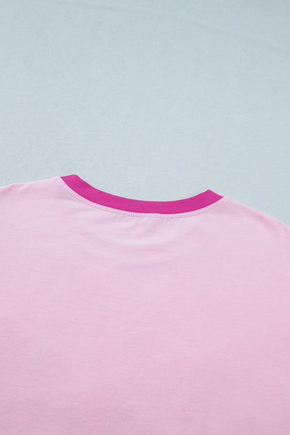 Gossamer Pink Embroidered Bow Detail Color Block Loose Tee