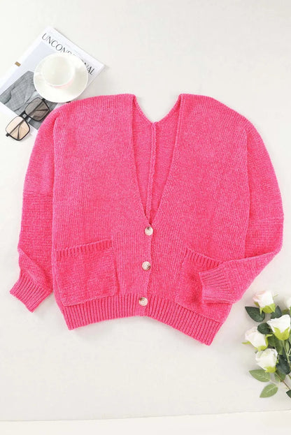 Rose Buttons Front Pocketed Sweater Cardigan - Chic Meadow Boutique 