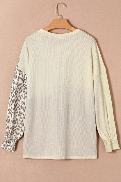 Plus Size/Plus Size Tops/Plus Size Long Sleeve Tops Khaki Ribbed Color Block Leopard Splicing Plus Size Top