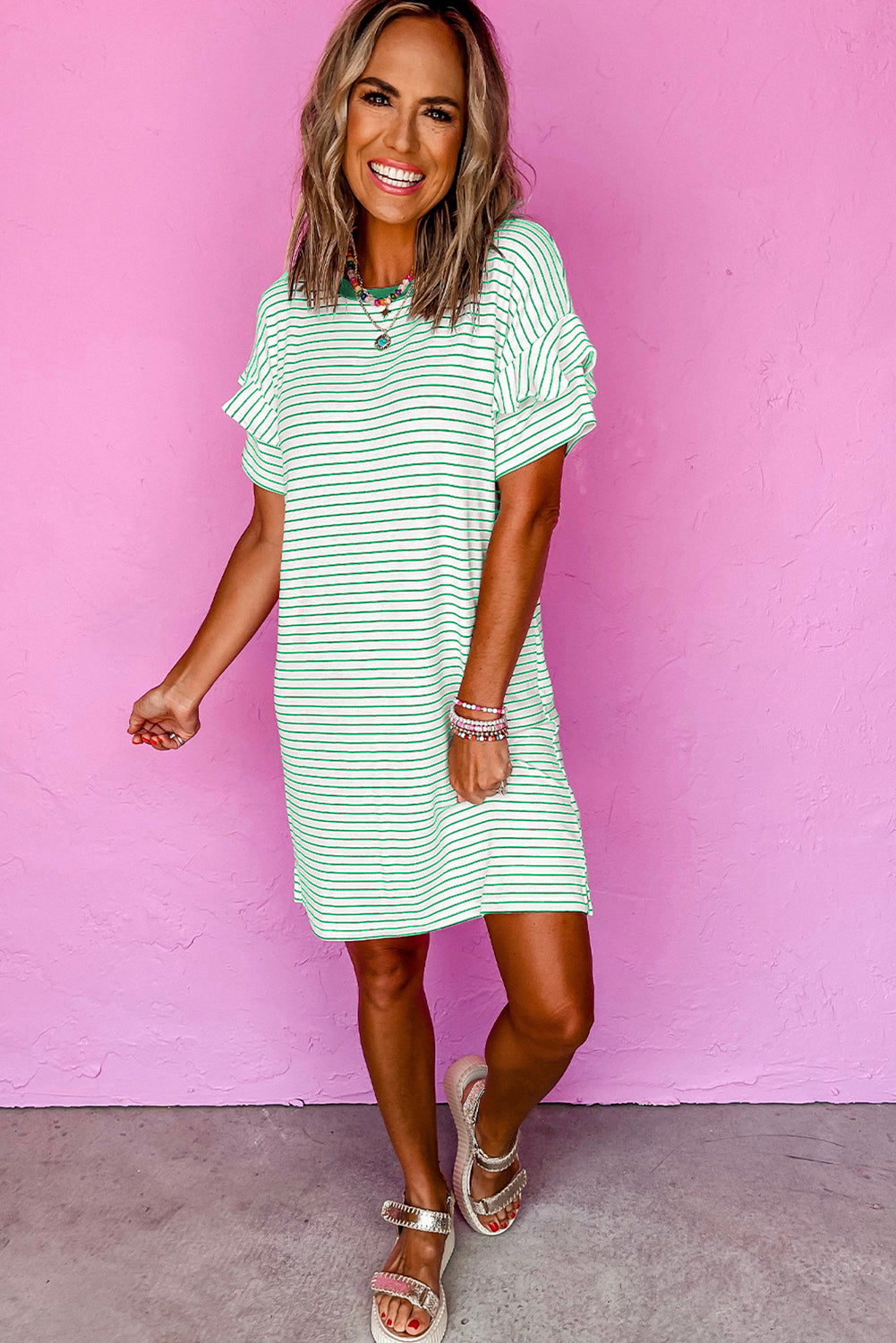 Green Stripe Ruffled Short Sleeve Crew Neck T Shirt Shift Mini Dress
