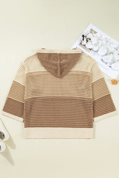 Parchment Colorblock Hollowed Knit Plus Size Hooded Jumper Sweater