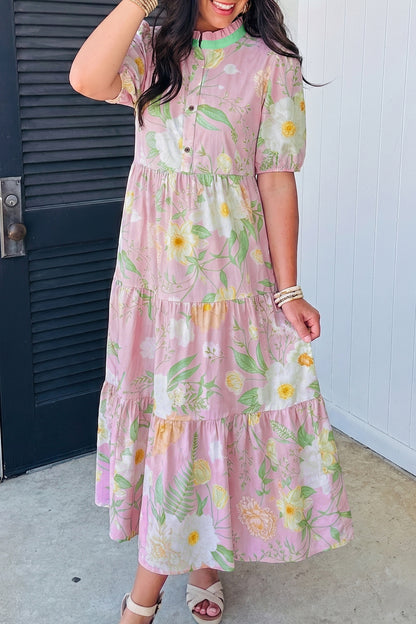 Pink Floral Print Short Puff Sleeve High Waist Tiered Maxi Dress