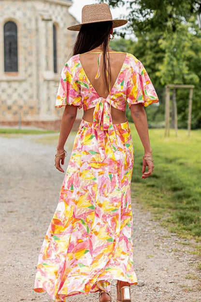 Pink Bohemian Flutter Sleeve Cut out Floral Maxi Dress - Chic Meadow Boutique 