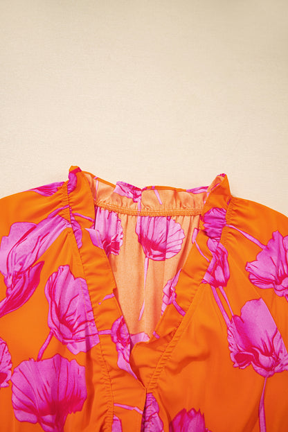 Orange Floral Print Frilly Smocked V Neck 3/4 Sleeve Long Dress