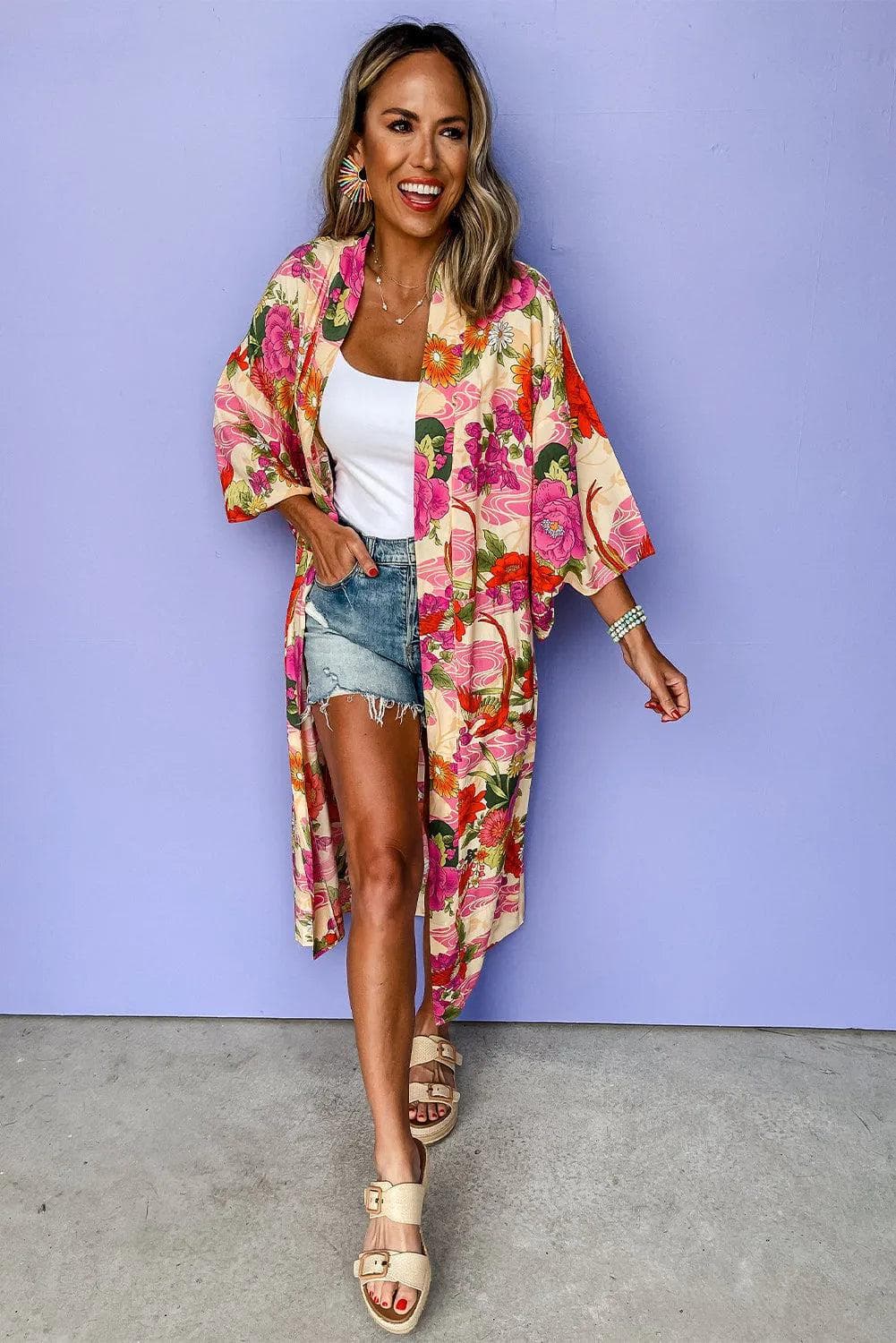 Outerwear/Kimonos Pink Floral Allover Print Open Front Belted Duster Kimono