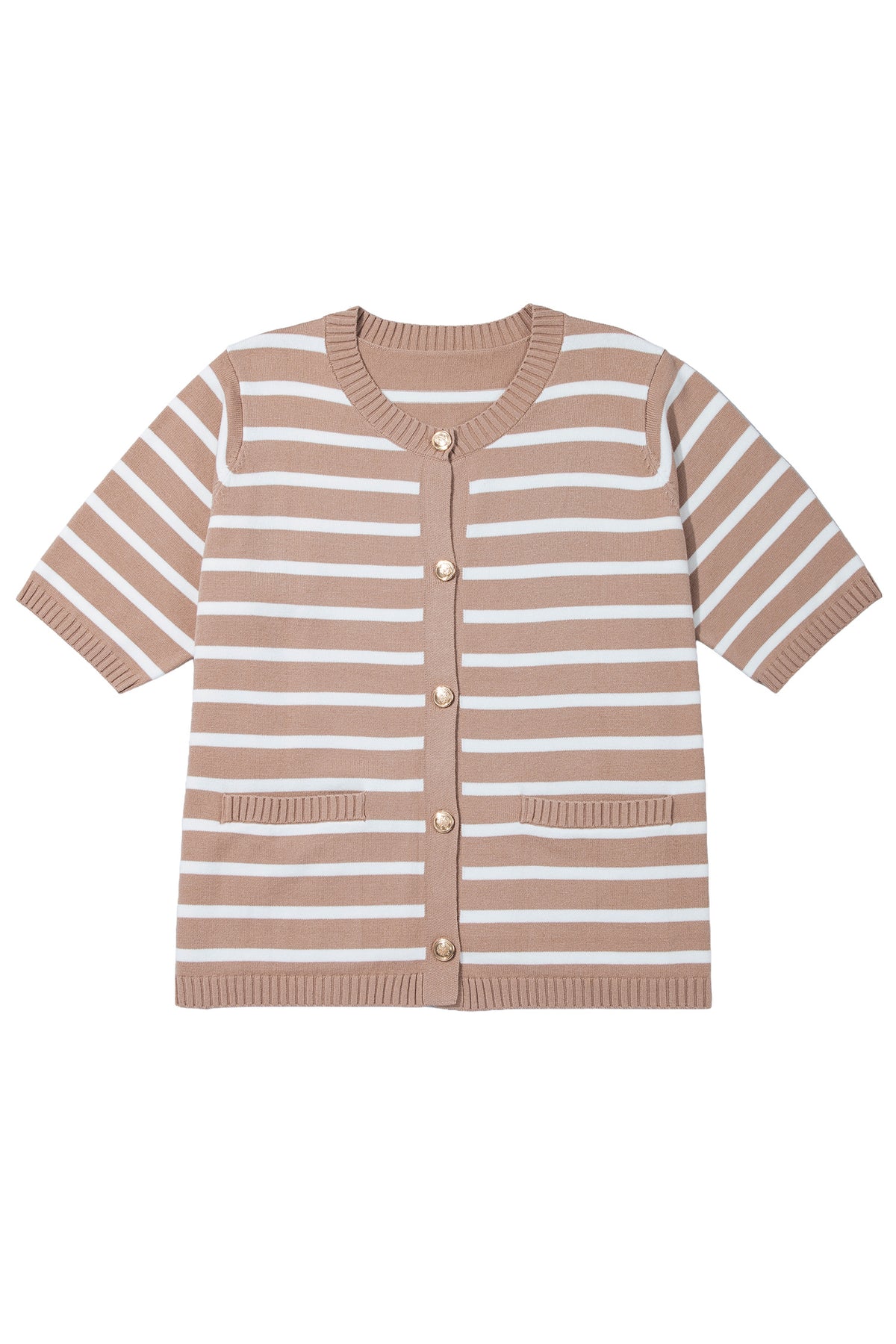 Khaki Stripe Button Down Short Sleeve Knit Plus Size Cardigan